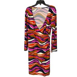 Jude Connally Dress MEDIUM Multicolored Long Sleeve Suplice V-Neck Knee Length
